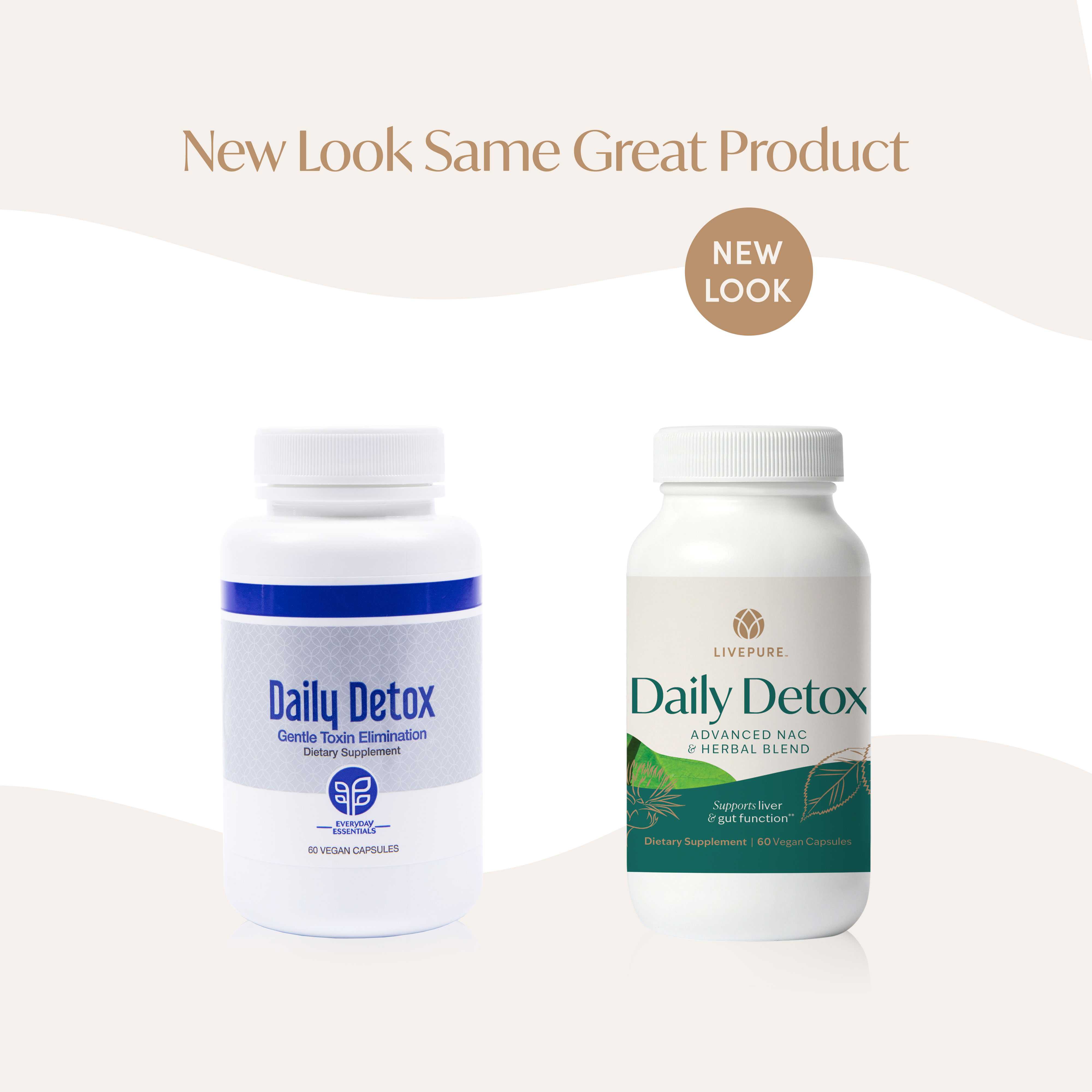 rebranding of bottle of daily detox. advanced NAC and herbal blend to support liver and gut function. livepure.com
