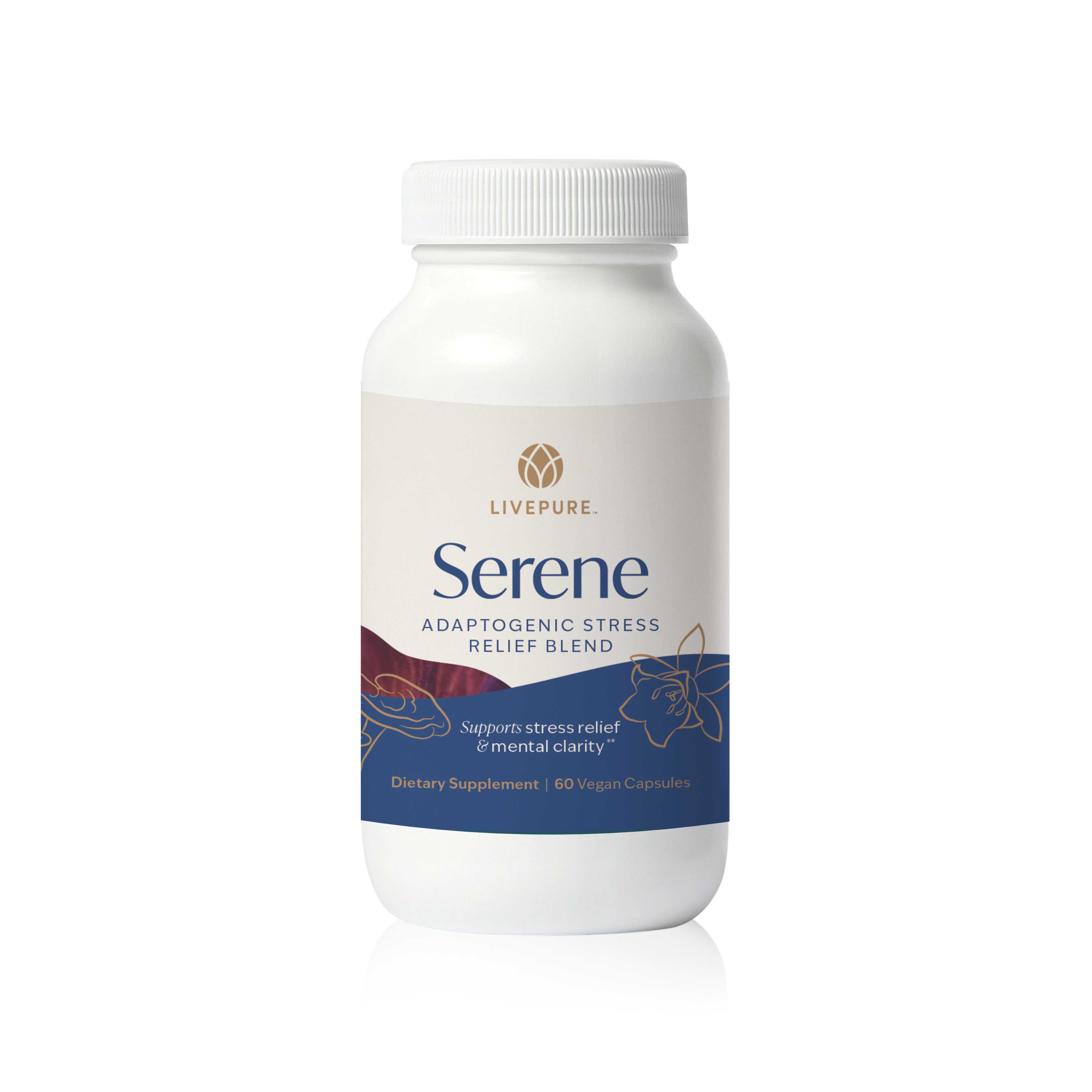 Bottle of Serene supplement with adaptogens to support stress relief, energy, and emotional balance. livepure.com