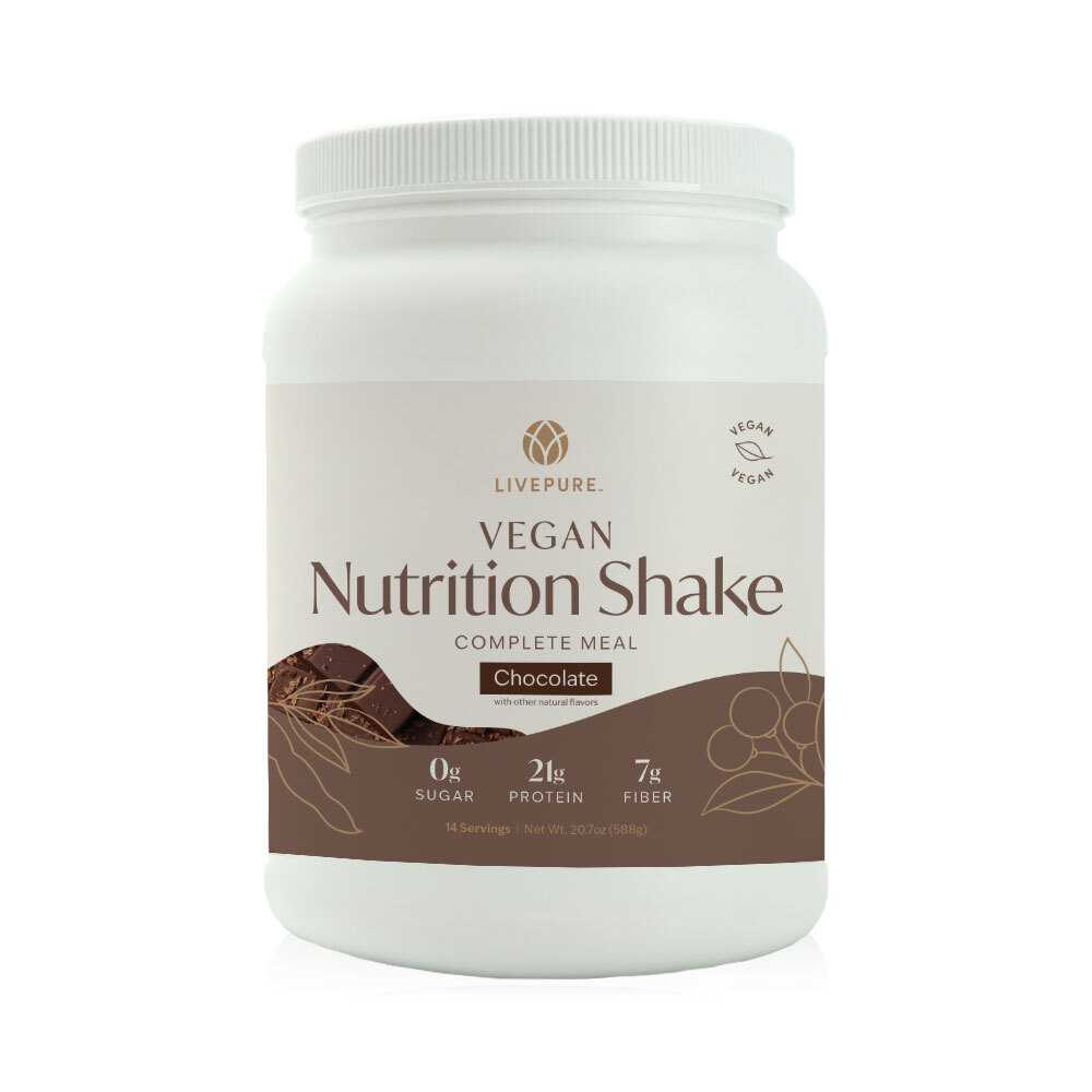 vegan nutrition shake in delicious chocolate flavor. naturally flavored with other flavors. 21g protein. 7g fiber. 0g sugar. livepure.com. complete meal replacement.