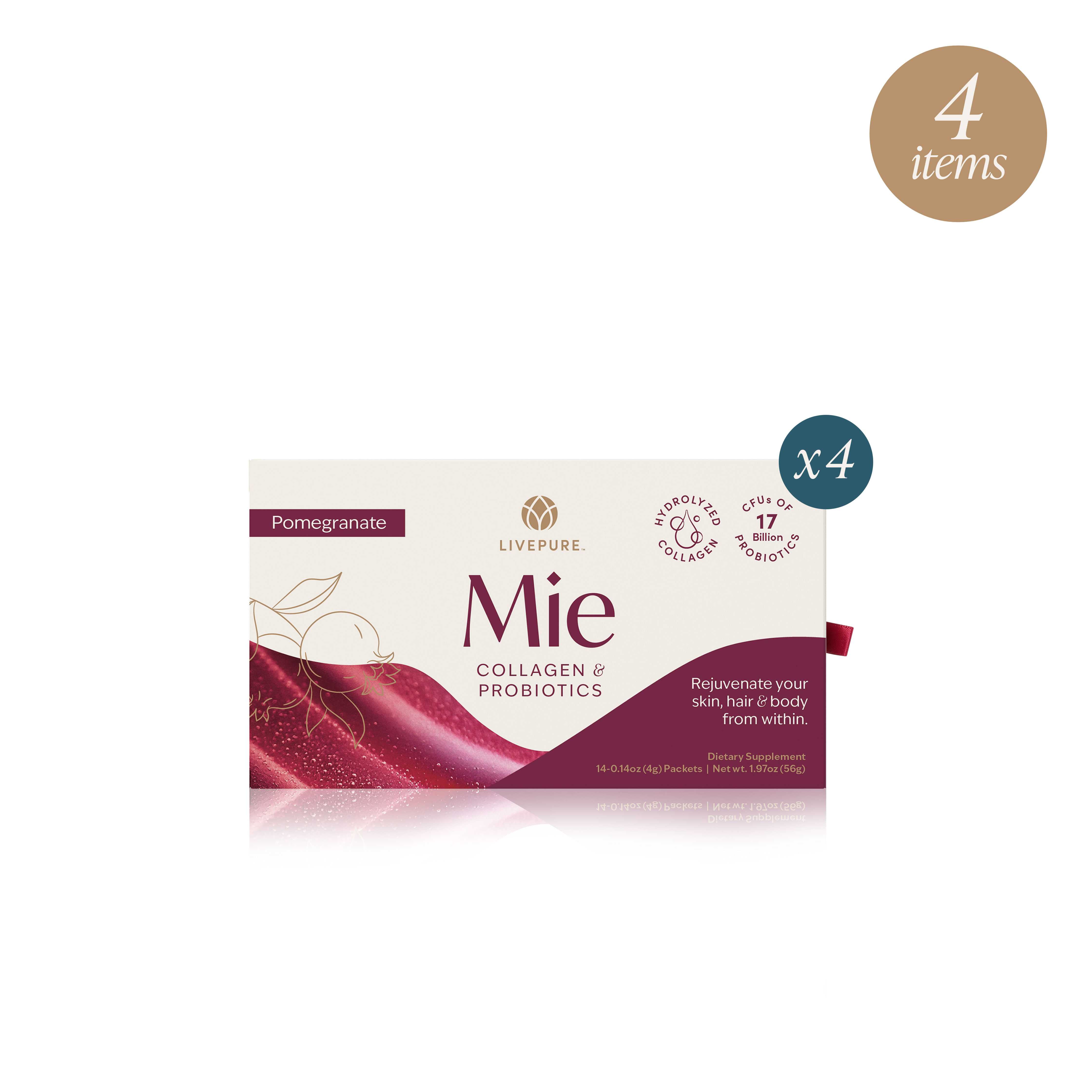 mie and you 4-pack. collagen and probiotics. livepure.com