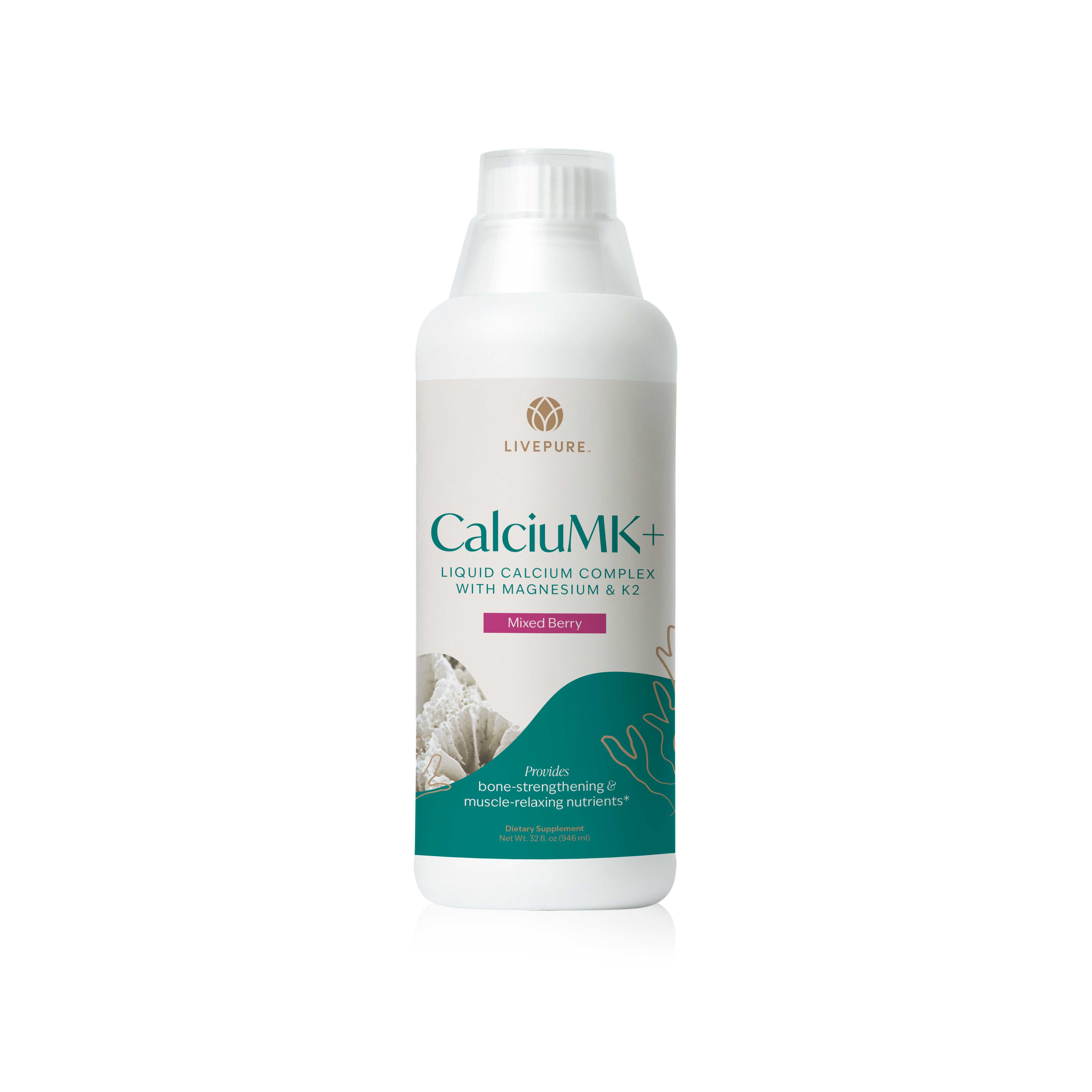 Bottle of CalciuMK+ liquid calcium supplement with vitamins, trace minerals, and support for bones, muscles, and restful sleep. livepure. we deliver whole health.