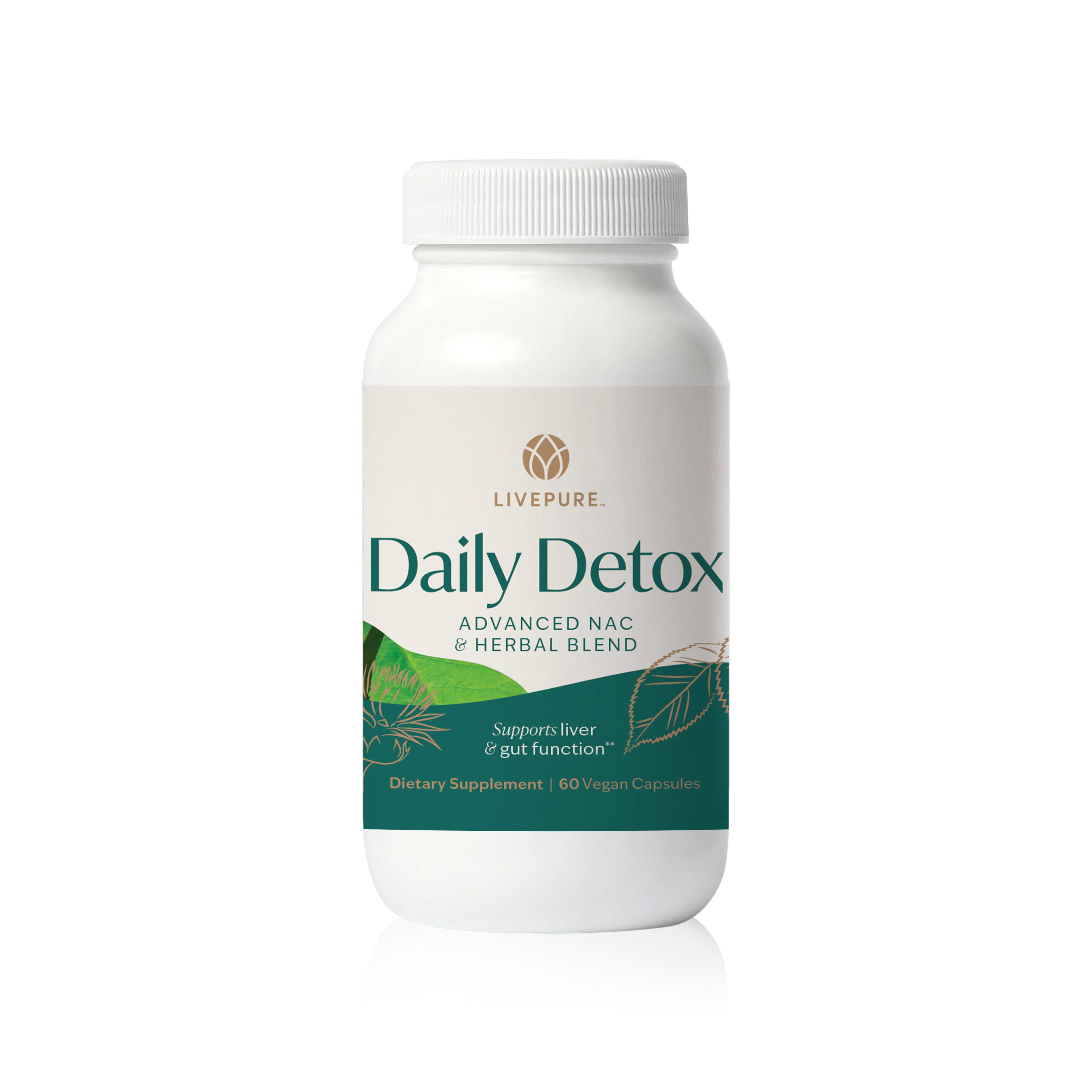 bottle of daily detox. advanced NAC and herbal blend to support liver and gut function. livepure.com