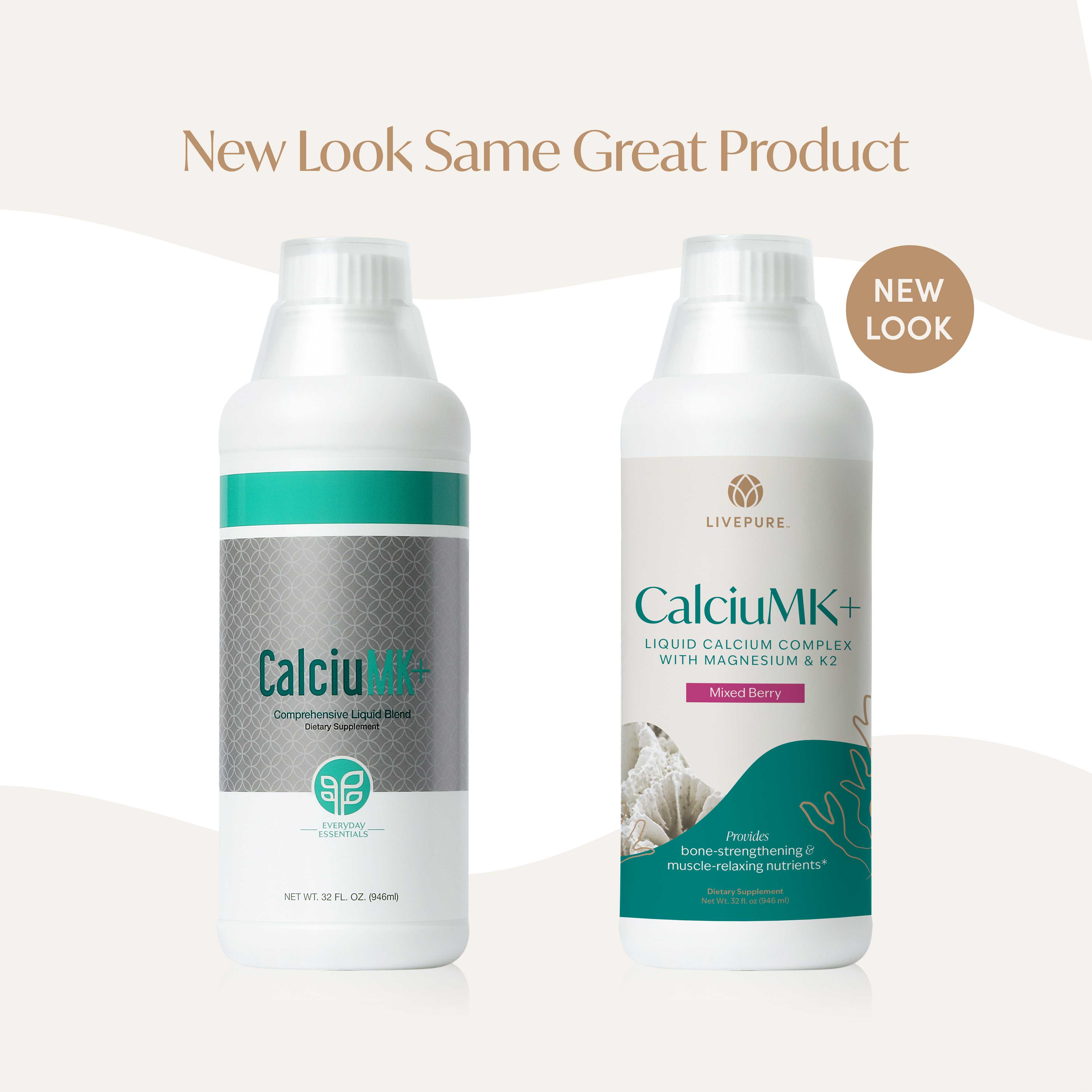 Bottle of CalciuMK+ liquid calcium supplement with vitamins, trace minerals, and support for bones, muscles, and restful sleep. livepure. we deliver whole health.