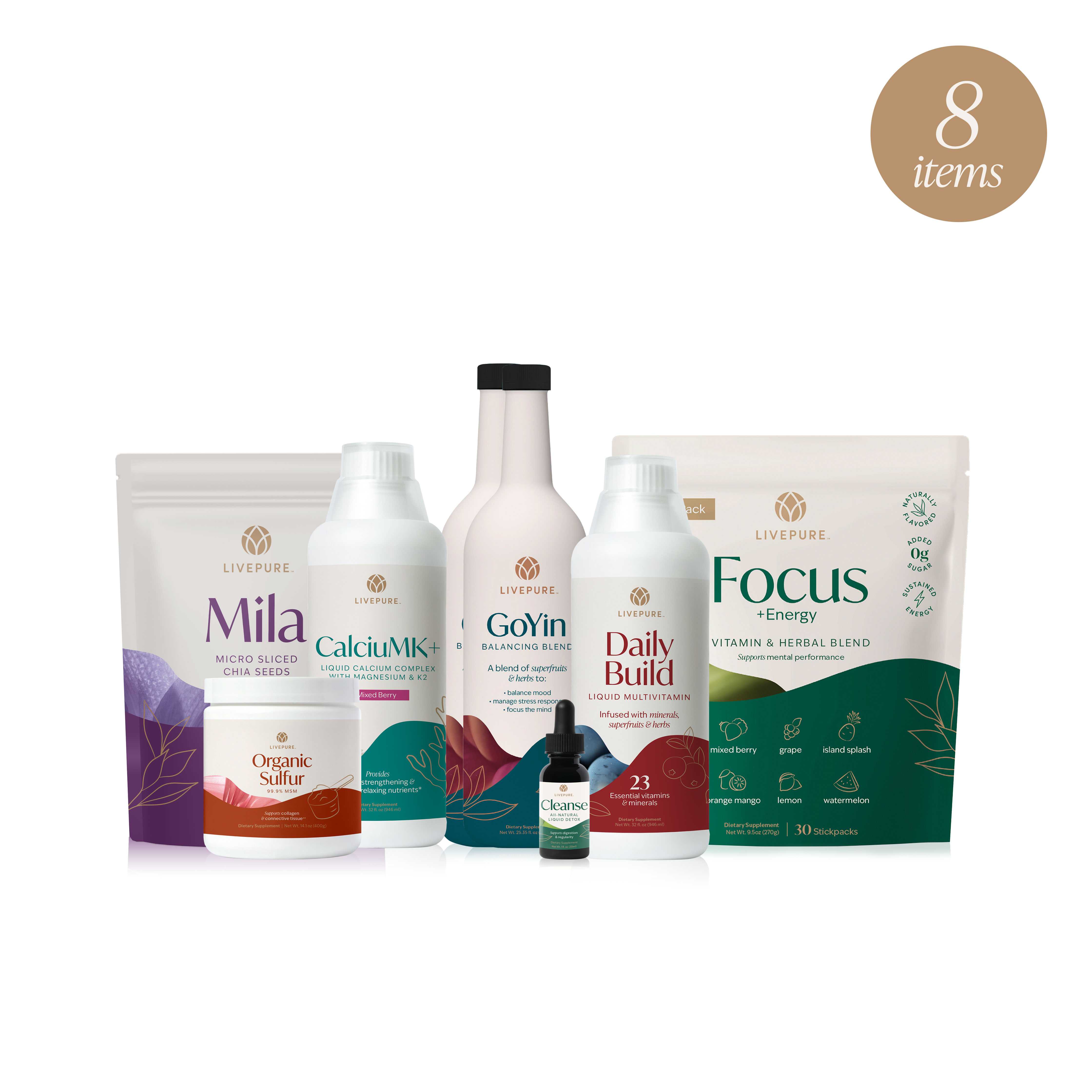 core plus liquid pack offers products to support your wellness journey with a comprehensive blend of vitamins, minerals, antioxidants and all that your body needs on a daily basis. livepure.com