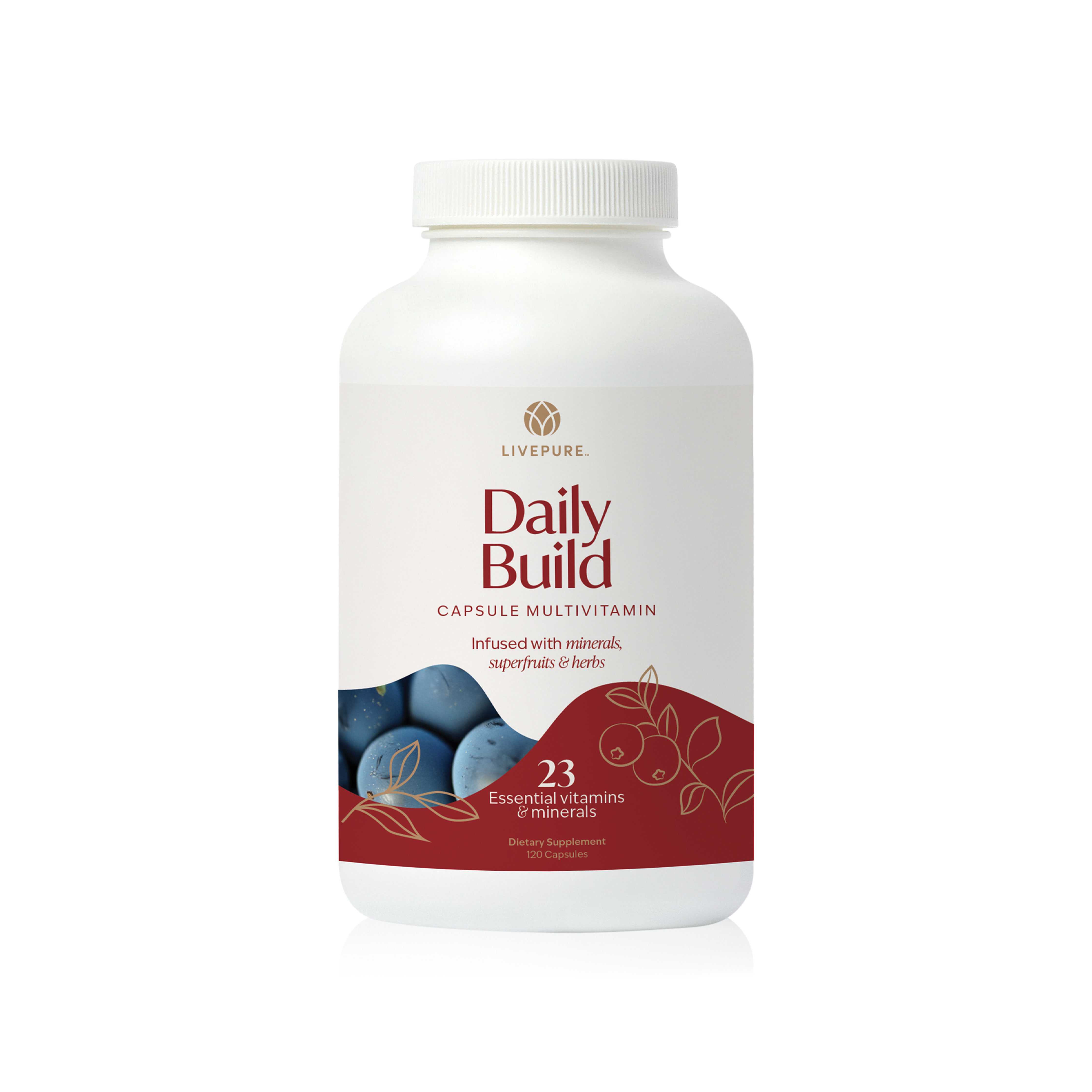 Bottle of Daily Build Capsules—multivitamin infused with minerals, superfruits and herbs/botanicals to support daily wellness, immunity, and overall health. livepure.com