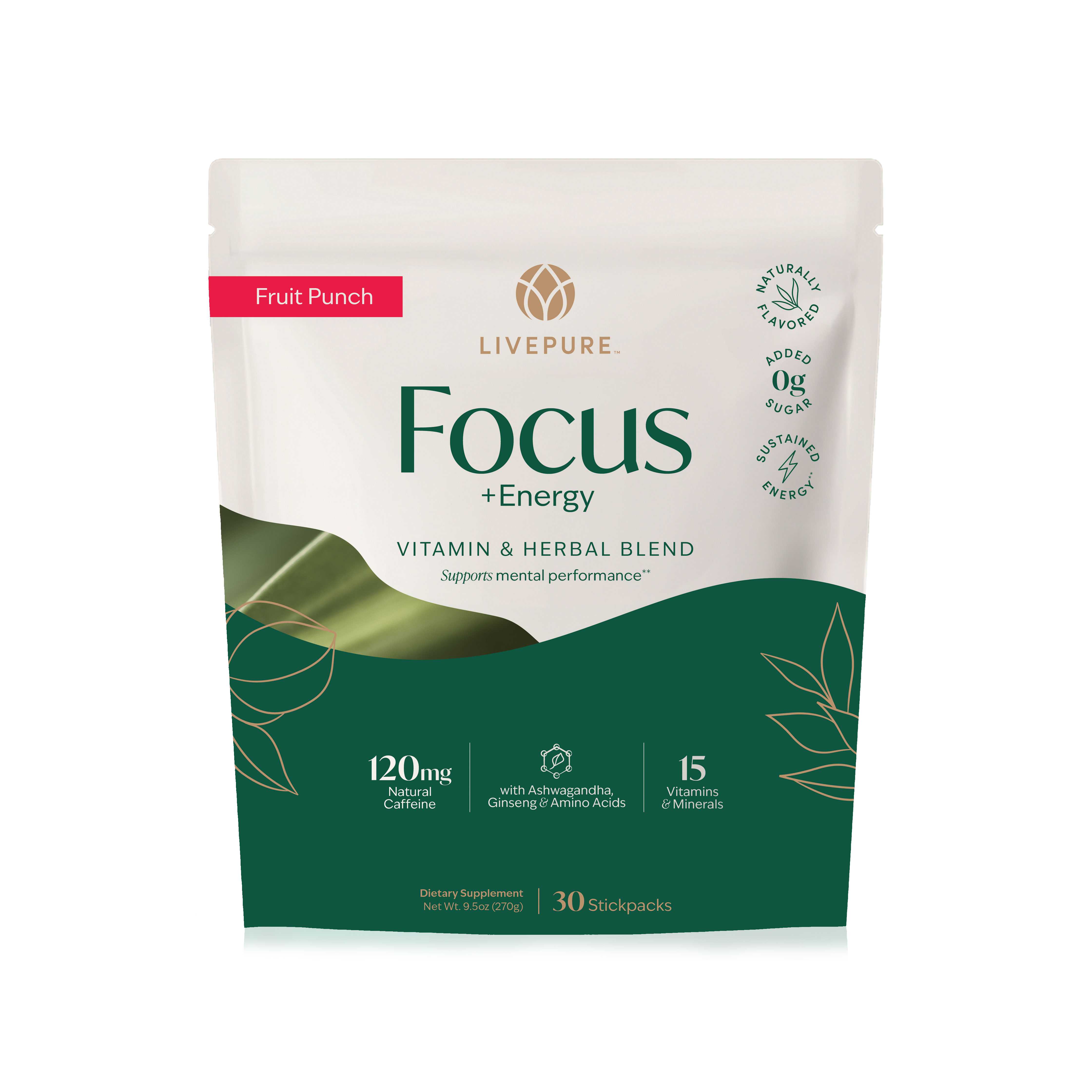 focus + energy, fruit punch. vitamin and herbal blend. support mental performance. natural sources of caffeine. clean, natural energy drink alternative. livepure.com. zero added sugar. naturally flavored. sustained energy. Convenient stickpacks.