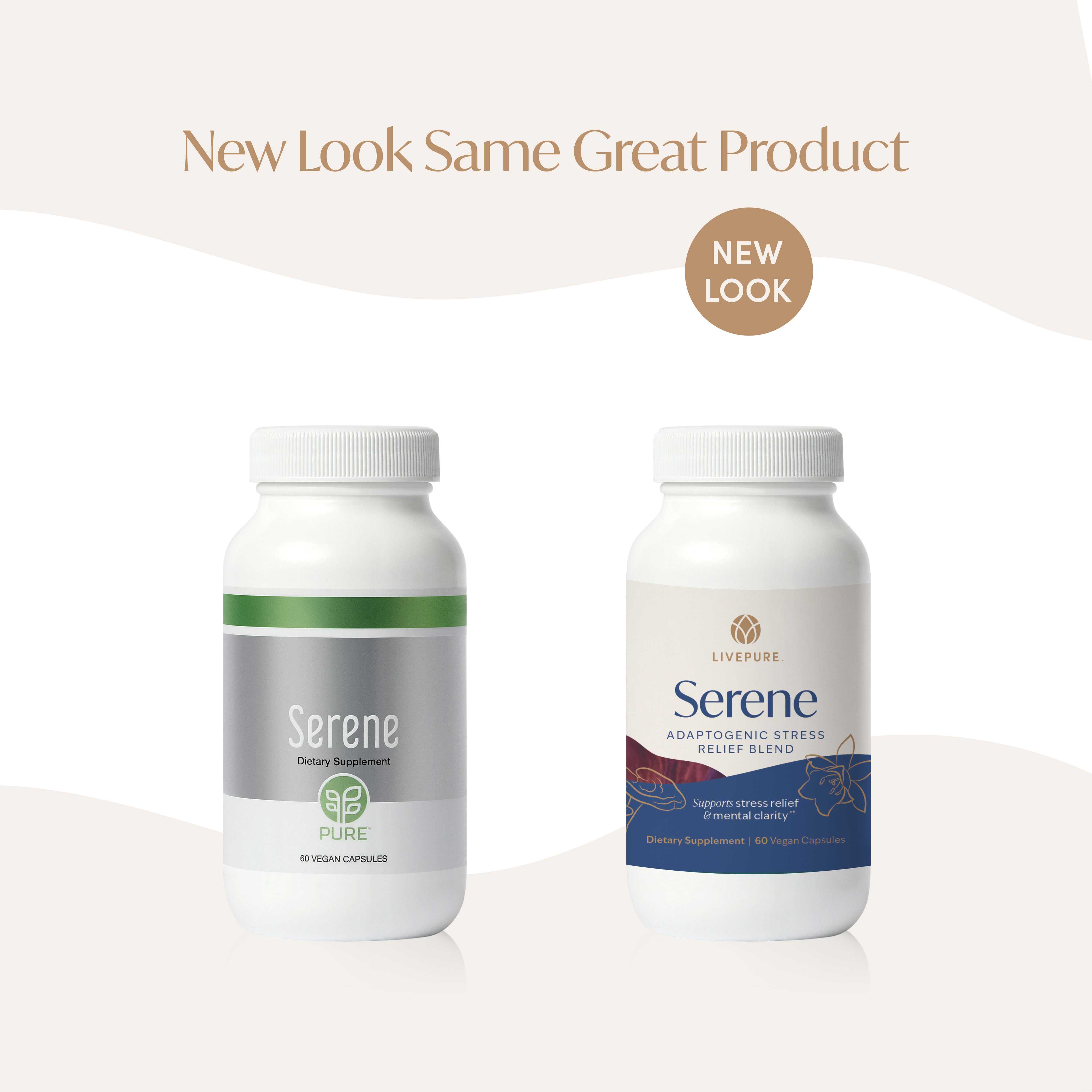 Bottle of Serene supplement with adaptogens to support stress relief, energy, and emotional balance. livepure.com
