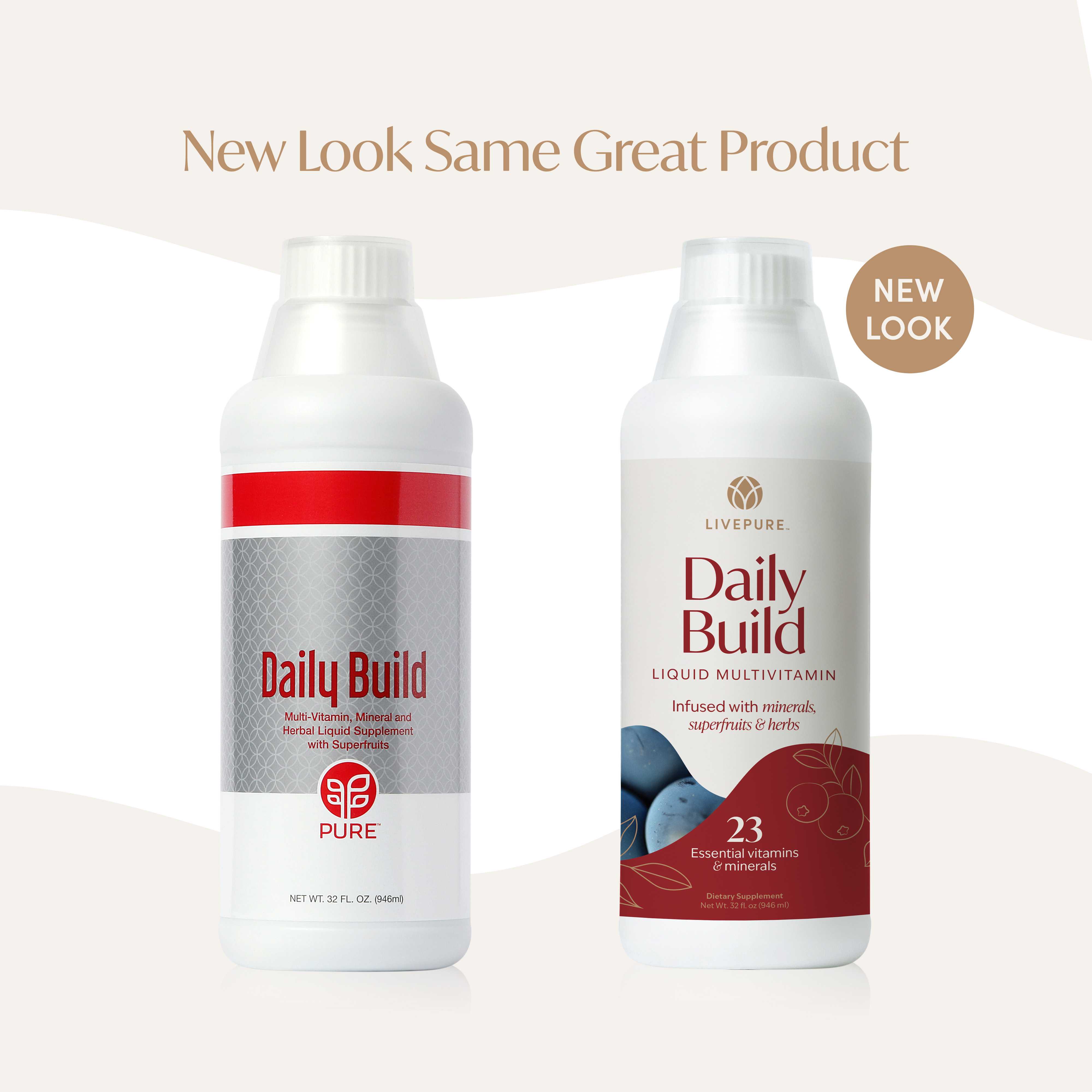 Bottle of Daily Build Liquid multivitamin with plant-based ingredients, supporting overall wellness, heart, brain, immune, and bone health. livepure.com